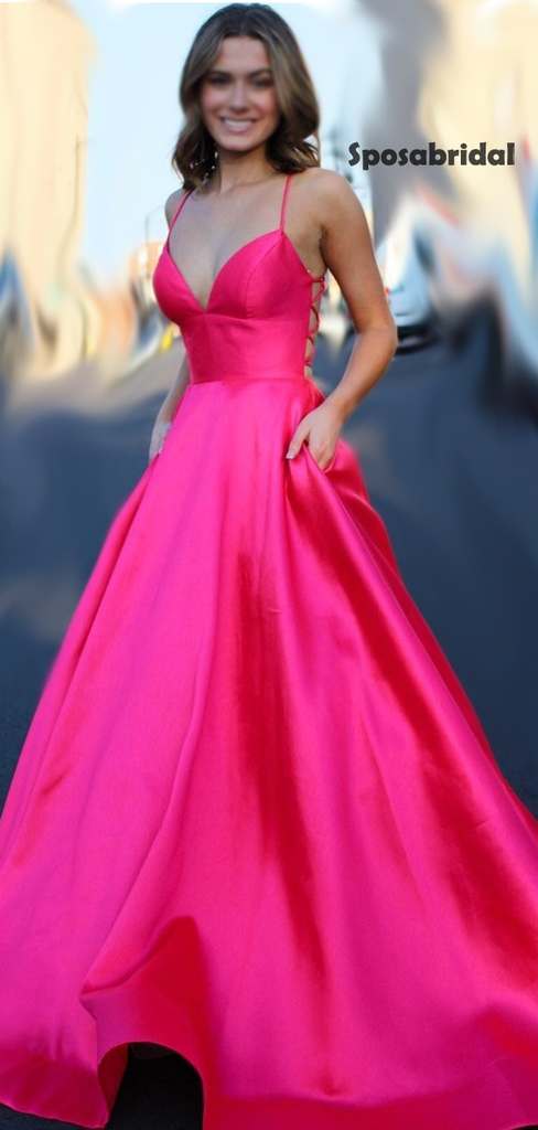 Sexy Hot Pink V-neck Halter Criss Cross A-line Long Prom Dress, PD3032