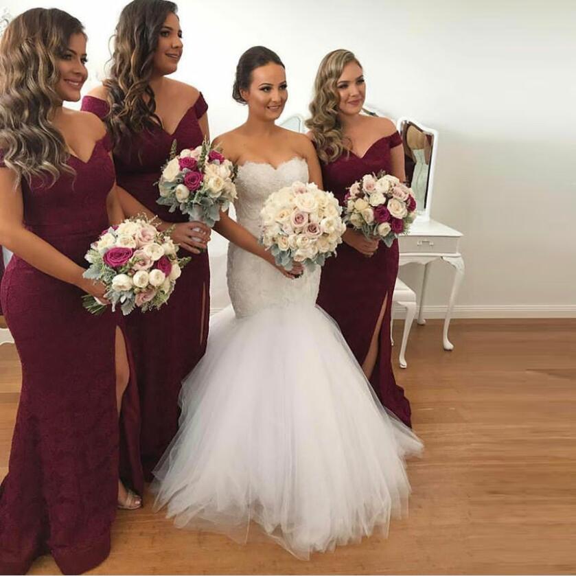 Off Shoulder Burgundy Full Lace Sexy Long Mermaid Modest Unique Sexy Bridesmaid Dresses with Split, WG280