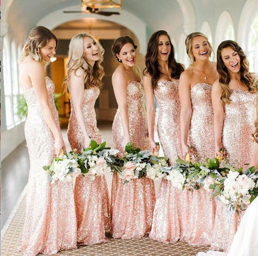 Shining Sparkly Popular New Mermaid Sweetheart Strapless Long Rose Gold Sequin Bridesmaid Dresses, WG279