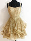 Sparkly Short Gold Lace A-line Short Homecoming Dresses, BD0444
