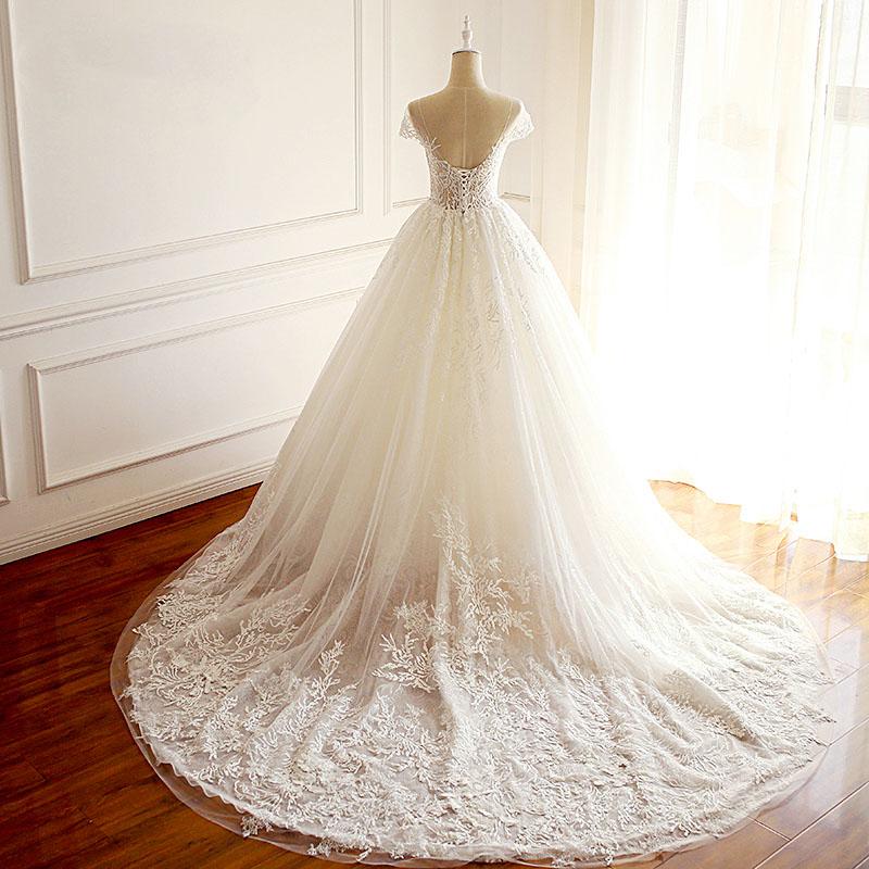 Short Sleeves Scoop High Quality Princess Wedding Dresses, Elegant Most Popular Real Made Bridal Gowns with train , WD0284