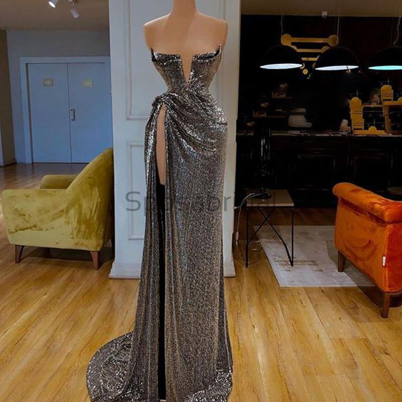 Silver Gray High Side Slit Modest Simple Mermaid Long Prom Dresses PD1455