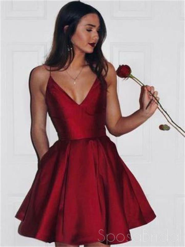 Simple Spaghetti Red Satin Short Prom Dresses, Homecoming Dresses, V-neck Prom Dresses, BD0400