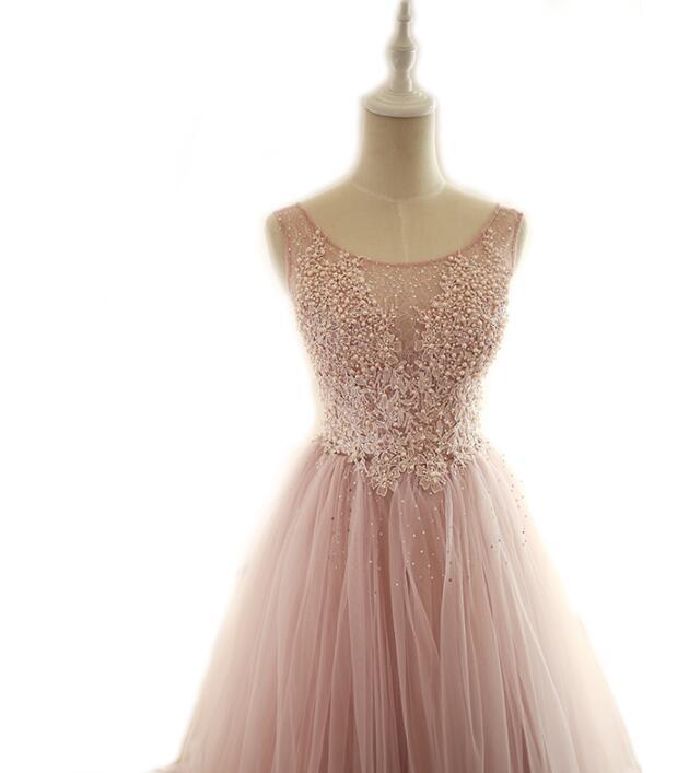 Scoop Dusty Pink Fashion Modest Wedding Dresses, Beading Tulle High Quality Free Custom Prom Dresses, WD0287