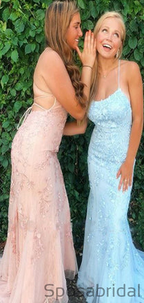 Spaghetti Straps Blue Spaghetti Straps Lace Mermaid Prom Dresses, PD2387