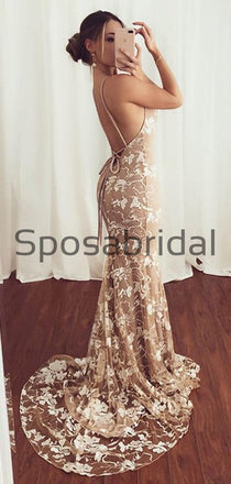 Spaghetti Straps Lace V-Neck Mermaid Modest Prom Dresses PD2180