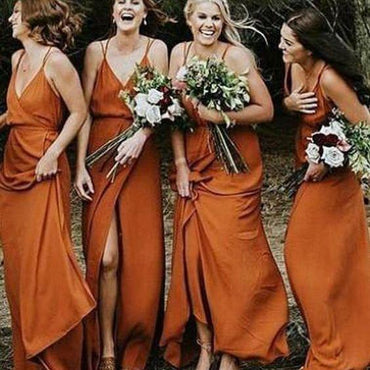2019 Cheap Spaghetti Straps Simple Popular A-Line V-Neck Orange Chiffon Fall Bridesmaid Dresses with Split , WG302 - SposaBridal