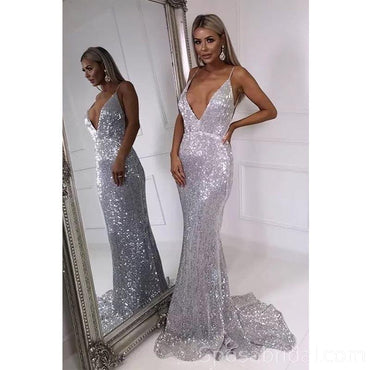 Spaghetti straps Sparkly Shinning Sexy Mermaid V-Neck Sequins Silver Prom Dresses, PD1364