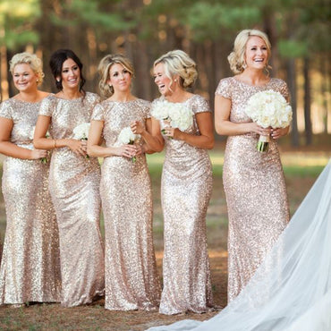 Sparkly Elegant Mermaid Champagne Cap-sleeve Long Bridesmaid Dresses, WG04