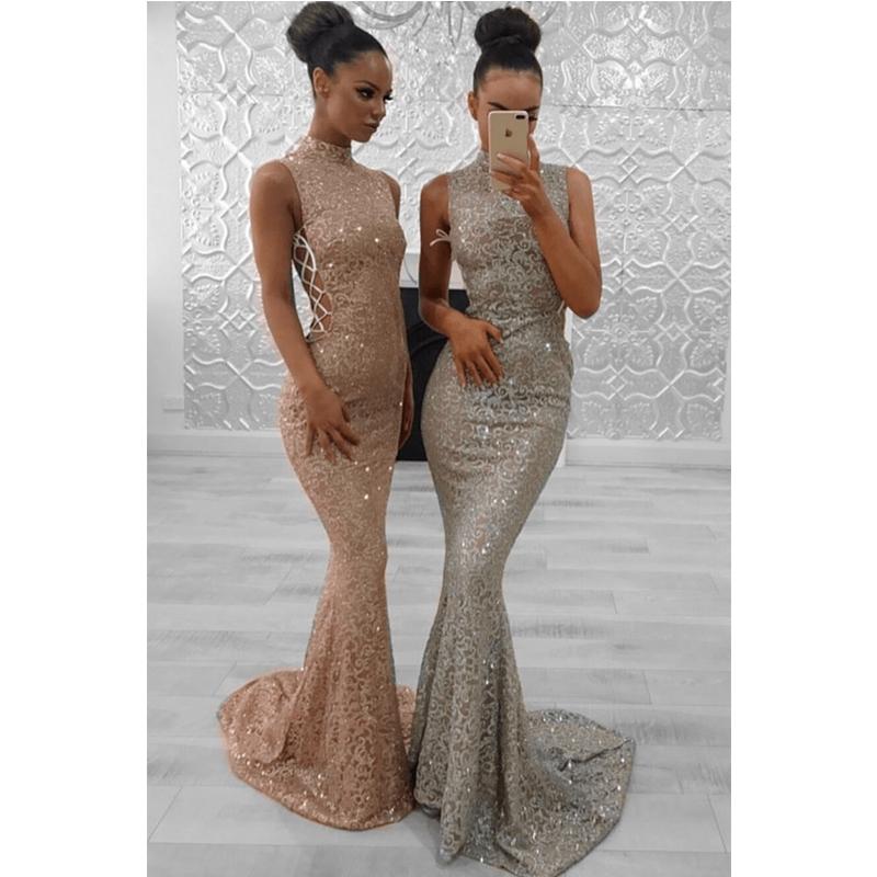 Sparkly High Neck Lace Mermaid Fashion Trend Modest Elegant Formal Long Prom Dresses,PD1207