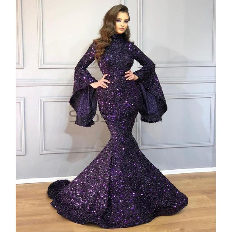 Sparkly Sequin Mermaid Long Sleeves High Neck Formal Cheap Modest Long Prom Dresses PD1666