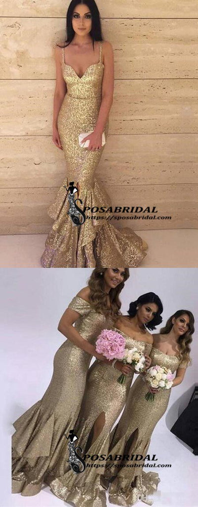 Sparkly Sequin Off SHoulder Spaghetti Straps Mermaid Modest Bridesmiad Dresses with slit ,WG319