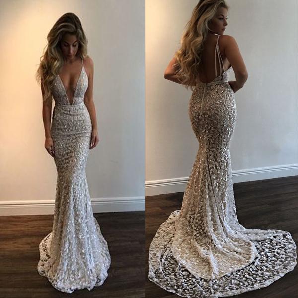 Sparkly Spaghetti Straps Deep V Neck Mermaid Shinning Fashion Prom Dresses,party queen dress, PD1003