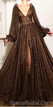 Sparkly Unique Design Elegant Pretty Long Sleeves Dide Split A-line Prom Dresses,PD1185