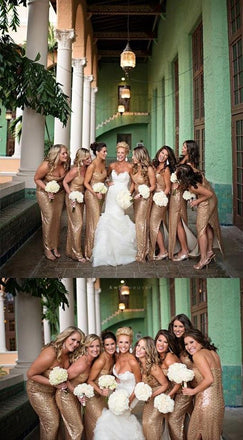 Sweetheart Long Bridesmaid Dresses Sequins Bridesmaid Dresses with Side Slit,WG374