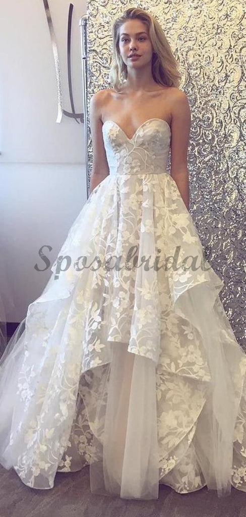 Sweetheart Strapless Lace Tulle Ruffles With Train Wedding Dresses WD368