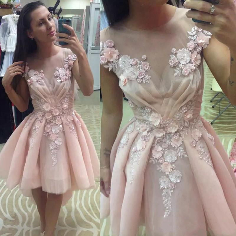 Sweet Pink Floral Lace Applique A-line High-low Homecoming Dress, HD3047