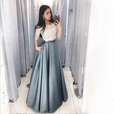 Top Lace Half Sleeves Two Piece Satin Skirt Cheap A-line Prom Dresses, PD0649