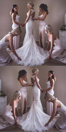 Sequin Mermaid Spaghetti Straps Long Pink Soft Formal Sexy Shining Modest Unique Bridesmaid Dresses with Split , WG278