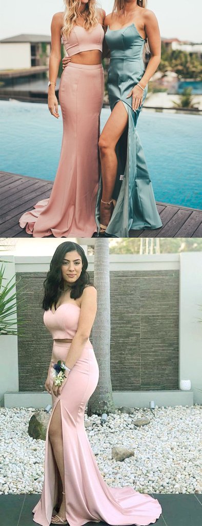 Two Piece Strapless Mermaid High Slit Sexy Long  Elegant Pink  Cheap Prom Dresses,PD1186