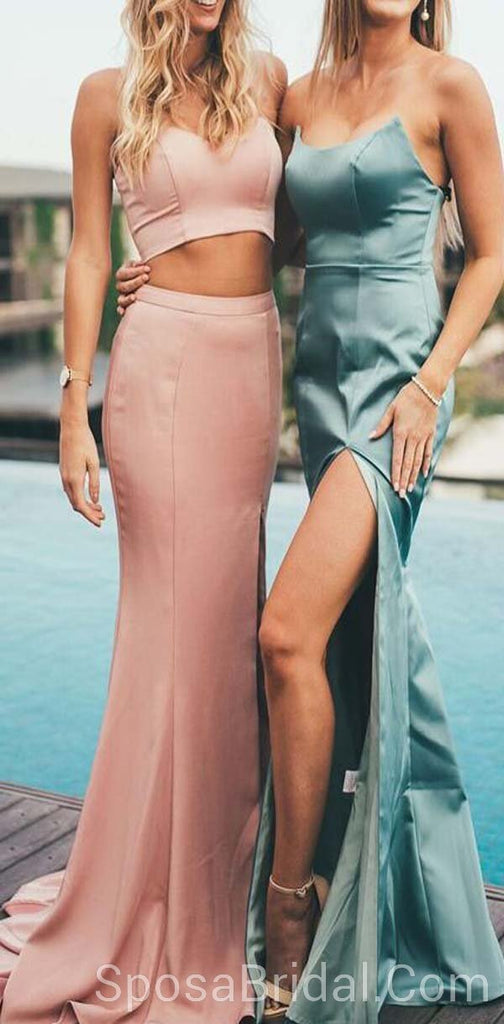 Two Piece Strapless Mermaid High Slit Sexy Long  Elegant Pink  Cheap Prom Dresses,PD1186
