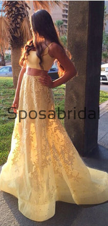 Two Pieces Yellow Lace Elegant Modest Prom Dresses,Party Dress, Prom Dresses PD1898