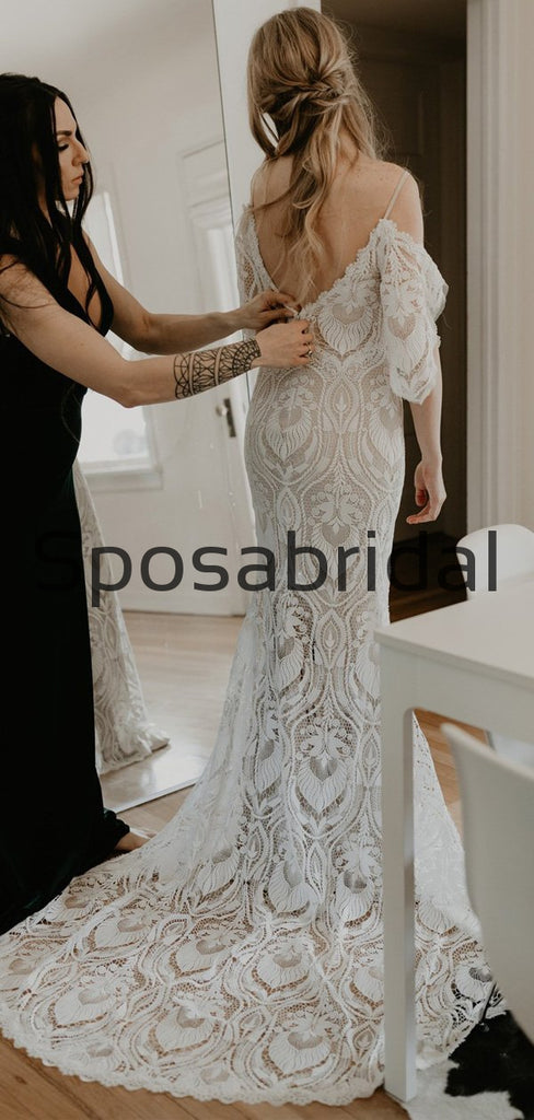 Unique Full Lace Vintage  Chic Exquisite Beach Long Wedding Dresses WD0557