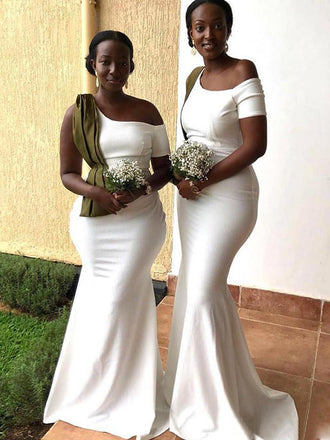 Unique One-shoulder Ivory Mermaid Long Bridesmaid Dresses, WG927