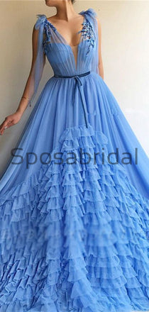 Unique A-line Blue Tulle V-Neck Modest Prom Dresses PD2122