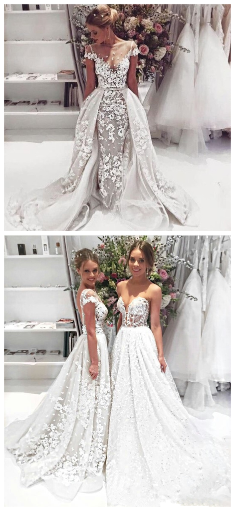 Unique Design Cap Sleeves Lace Illusion  Popular  Wedding Dresses, Princess Modest Beach Romantic Fall Ball Gown , WD0308