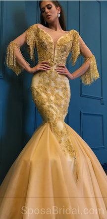 Unique Design Yellow Gold  Modest Fashion Newest Long Prom Dresses, Party Queen Dresses, PD1212