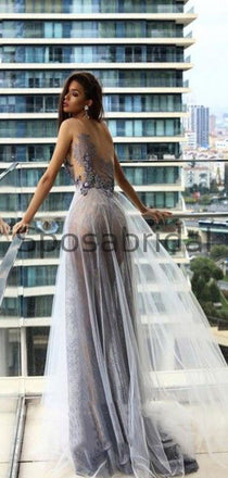 Unique One Shoulder Tulle Beaded Modest Formal Long Prom Dresses PD2104