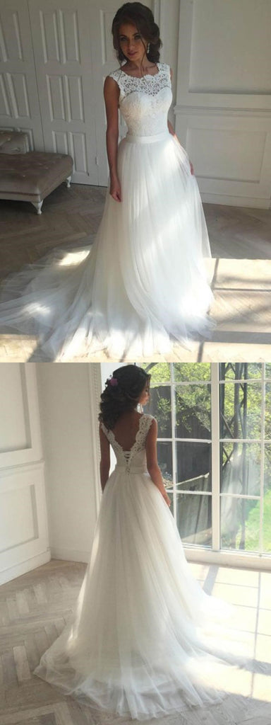 Unique Scoop Lace A-line Long Cheap Wedding Dresses Online, WD357