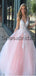 V-Neck Appliques Pink Tulle Long Formal Prom Dresses PD2179
