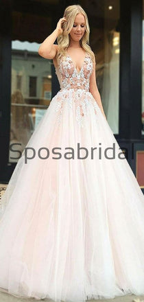 V-Neck Appliques Pink Tulle Long Formal Prom Dresses PD2179