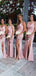 V-Neck Pink Side Slit Mermaid Simple Formal Elegant Bridesmaid Dresses  WG594