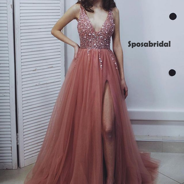 Charming V-neck Spaghetti Strap Sequins, Tulle A-line Prom Dresses, PD3010