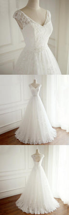 V Neck Open Back Full Lace Long Simple Beach Summer Spring Floor-length Cheap Wedding Dresses, WD0293