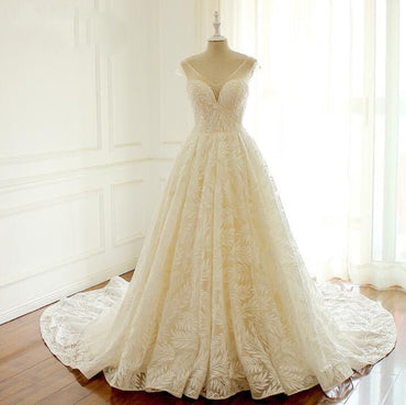 V Neck Unique New Design Wedding Dresses , Lovely Romantic Long Elegant Summer Bridal Gowns , WD0295