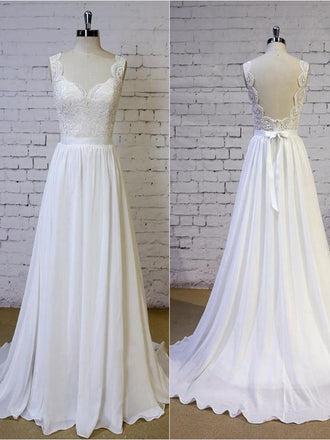 Cheap Backless V Neck Lace Straps Simple Beach Wedding Dresses, WD325 - SposaBridal