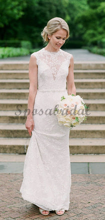 Vintage Lace Cap Sleeve See Through Neckline Sheath Wedding Dresses WD369