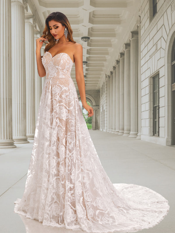 Strapless Sweetheart Lace Up Back Simple Floral Lace A-line Long Wedding Dress, WD3091