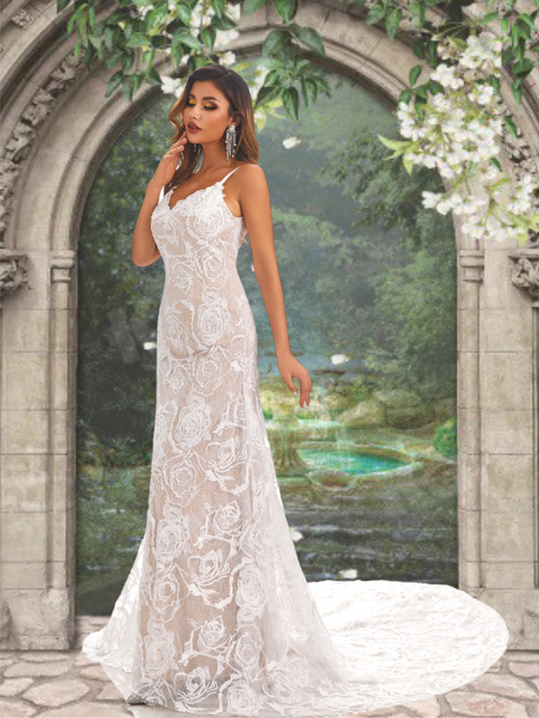 Spaghetti Straps Sweetheart Lace Half Open Back Mermaid Long Wedding Dress, WD3093