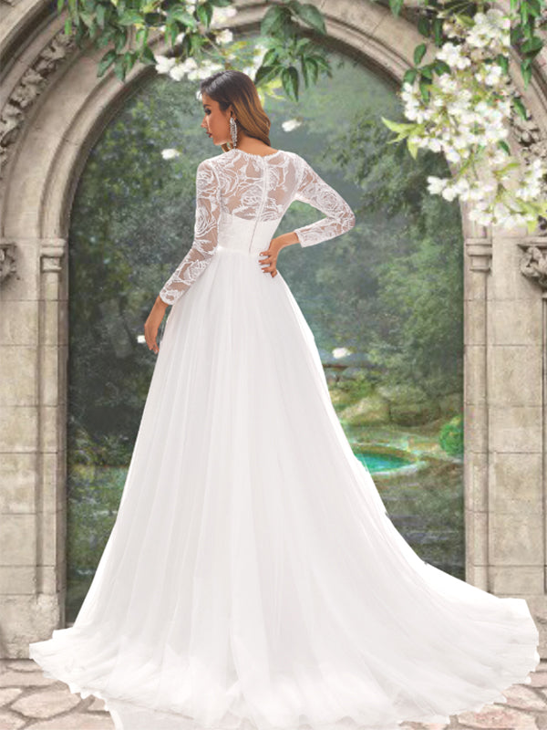 Illusion Lace Top Floral Long Sleeves Round Neck A-line Long Wedding Dress, WD3094