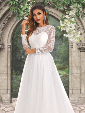 Illusion Lace Top Floral Long Sleeves Round Neck A-line Long Wedding Dress, WD3094