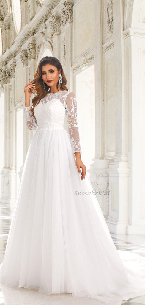 Illusion Lace Top Floral Long Sleeves Round Neck A-line Long Wedding Dress, WD3094