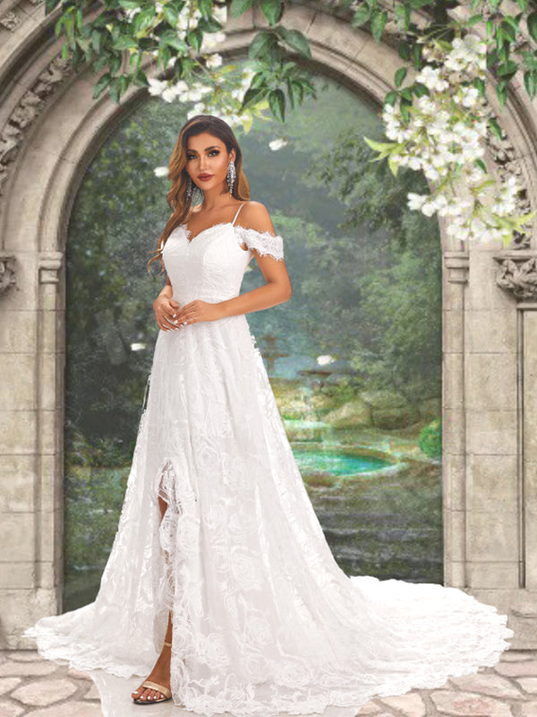 Off-shoulder Bohemian Lace Open Back A-line Long Wedding Dress, WD3096