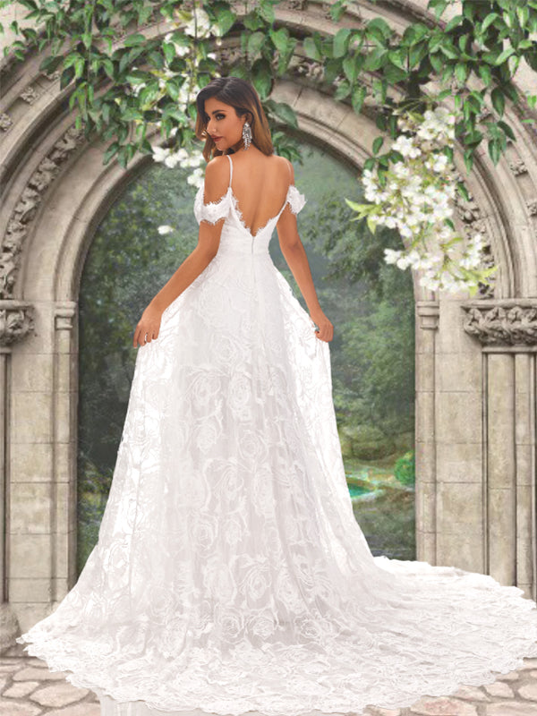 Off-shoulder Bohemian Lace Open Back A-line Long Wedding Dress, WD3096