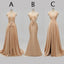 Elegant A-line Sexy V Neck Gold Long Modest Side-slit Bridesmaid Dress, WG239