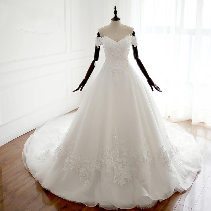 White Off Shoulder Long Affordable Wedding Dresses, Real Made Cheap High Quality Bridal Gowns With Train, WD0297